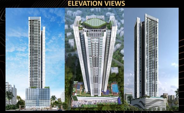 Three elevation views of a modern high-rise building under a clear sky.