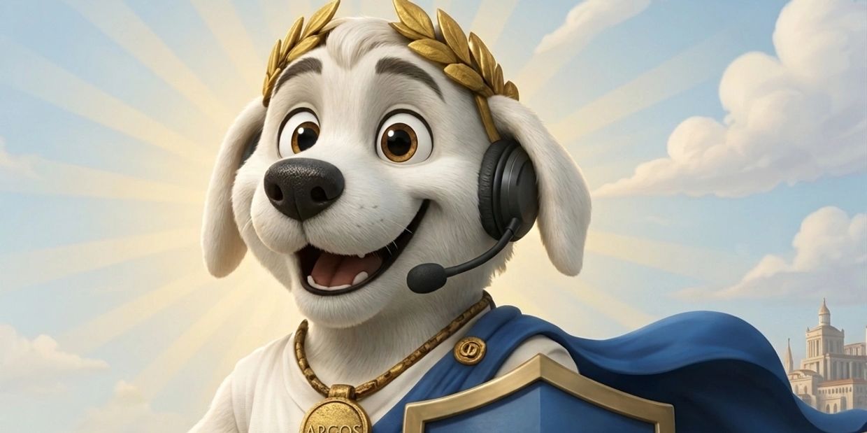 Happy animated dog with laurel crown and headset.