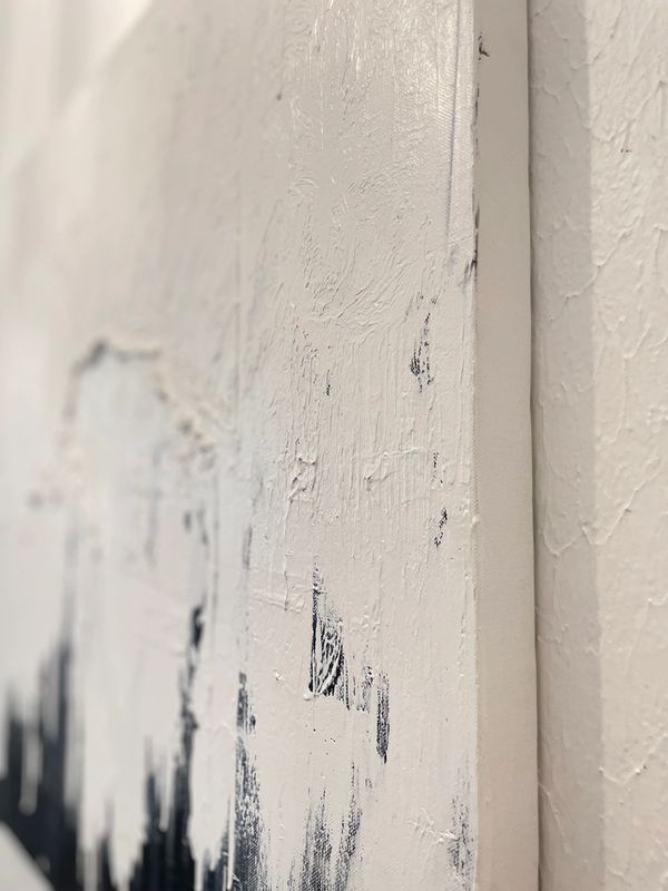 MIXED MEDIA ON CANVAS WITH MULTIPLE TEXTURES, white over black charcoal color