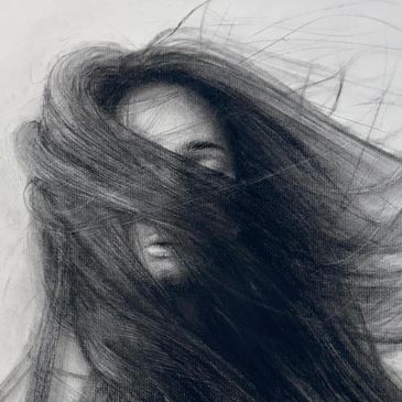 the in-between, depicts black and white drawing of girls hair billowing in the wind on 18x24 no eyes