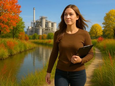 Environmental and safety consultant reviewing compliance information outdoors near a facility.