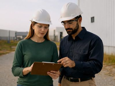 An EHS consultant and plant manager reviewing an industrial compliance assessment.