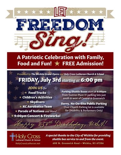 Flyer for a free patriotic celebration event on July 3rd with food, activities, and fireworks.