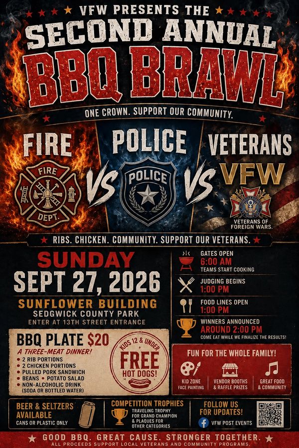 VFW's Second Annual BBQ Brawl event poster with Fire, Police, and Veterans teams.
