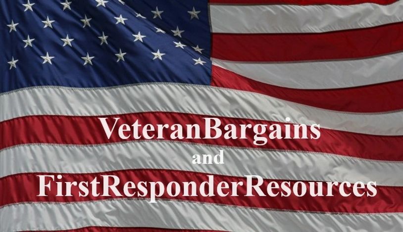 American flag with text promoting VeteranBargains and FirstResponderResources.