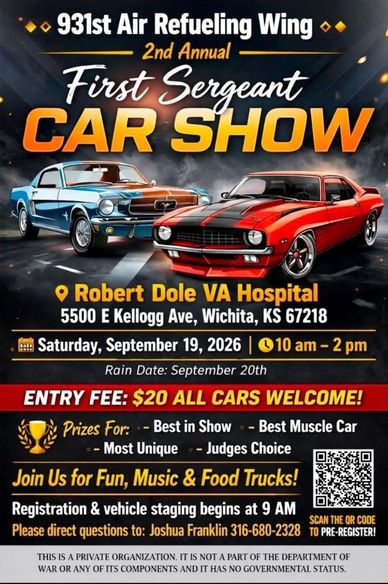 Poster for 931st Air Refueling Wing's 2nd Annual First Sergeant Car Show with classic cars.