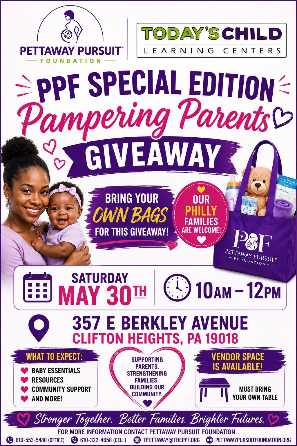 Flyer for PPF Special Edition Pampering Parents Giveaway on May 30th in Clifton Heights, PA.