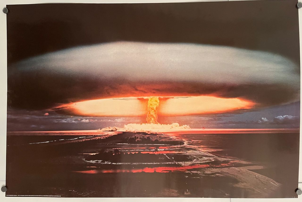 Hydrogen Bomb, mushroom cloud upon detonation, vintage poster, 1974