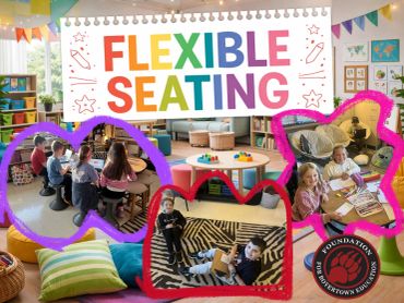 Colorful flexible seating in a classroom with kids.