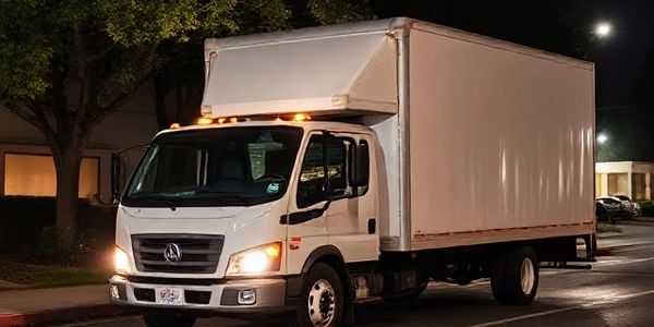 A white box truck parked on a street at night with headlights on.