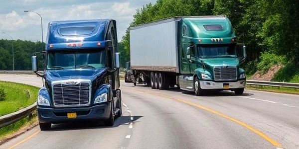 Two large semi-trucks driving on a highway surrounded by greenery.