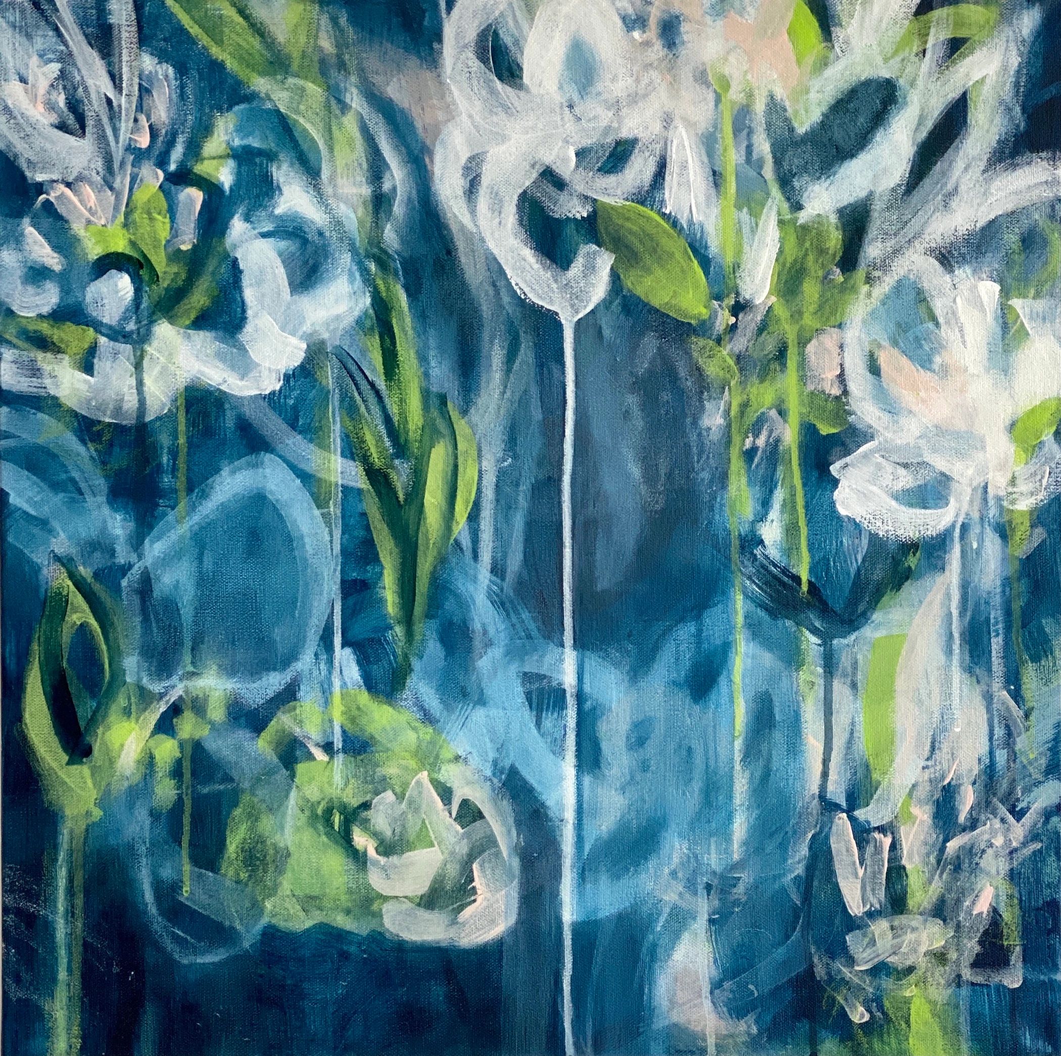 bold blue abstract botanical painting. original acrylic artwork for your wall. Nature inspired