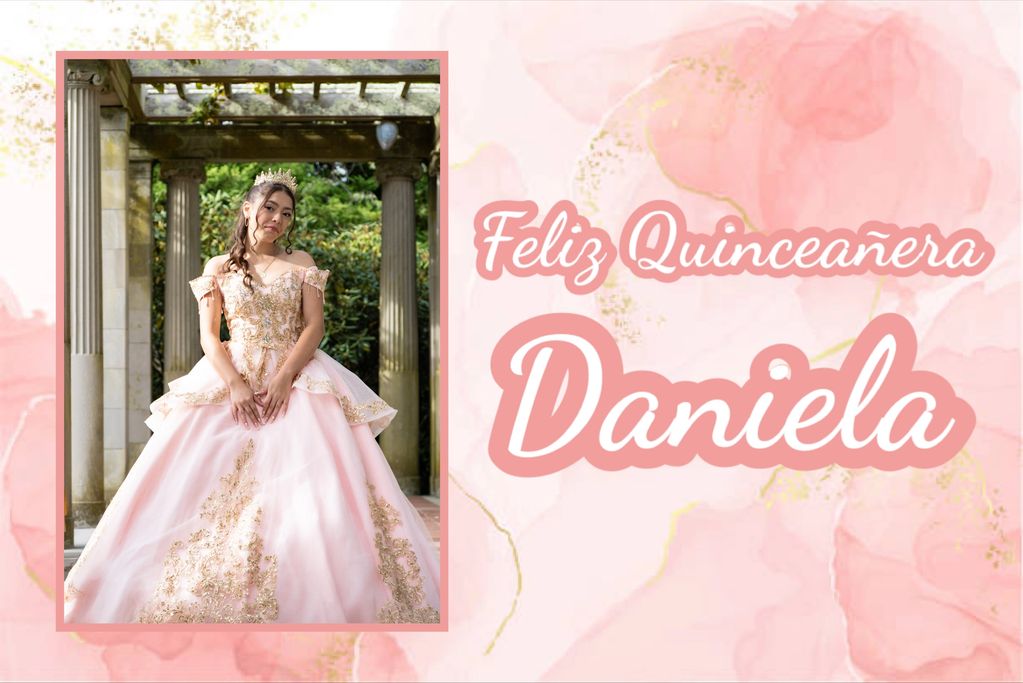 Young woman in a pink and gold gown celebrates her quinceañera.