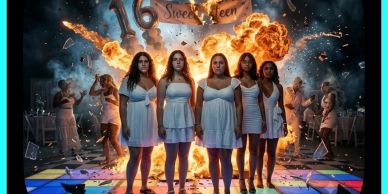 Five girls in white dresses stand calmly with an explosion behind them.