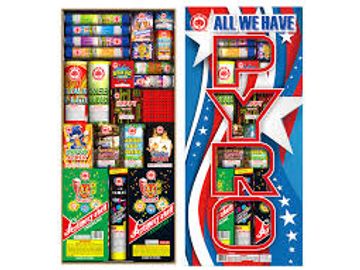 Boxed fireworks assortment labeled 'PYRO' with patriotic design.