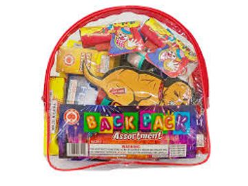 Clear backpack filled with assorted candies.