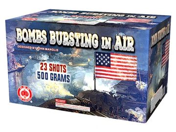 Box of fireworks labeled 'Bombs Bursting in Air' with 23 shots.