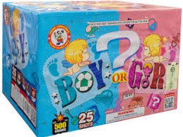 Fireworks box labeled Boy or Girl with 25 shots.