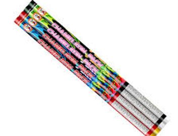 Colorful fireworks sticks labeled 'charming rocket'.