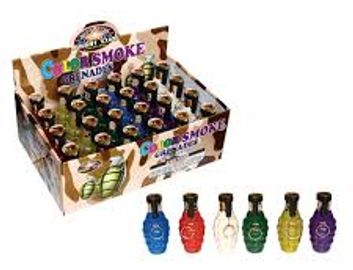 Colorful grenade smoke bombs in a display box.