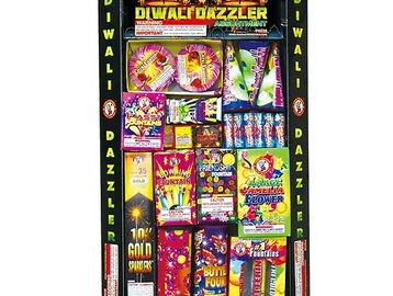 Box of assorted Diwali fireworks.
