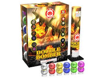 Fireworks package labeled 'Double Bomber' with colorful firecrackers.