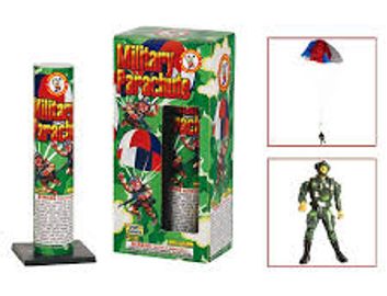 Military parachute toy rocket with packaging and illustrations.