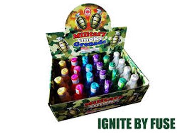 Display box of colorful toy smoke grenades labeled 'Military Smoke'.