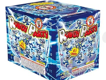 A colorful fireworks box labeled "Rowdy Party".