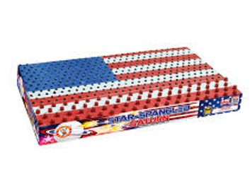 Box of Star-Spangled Saturn fireworks with an American flag design.