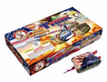 Box of patriotic-themed fireworks shaped like a tank.
