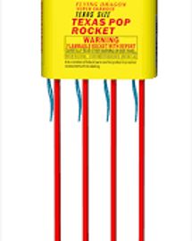 Texas pop rocket fireworks with red sticks and yellow label.
