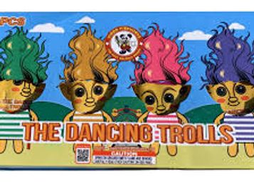 Colorful dancing troll cartoon characters with text.