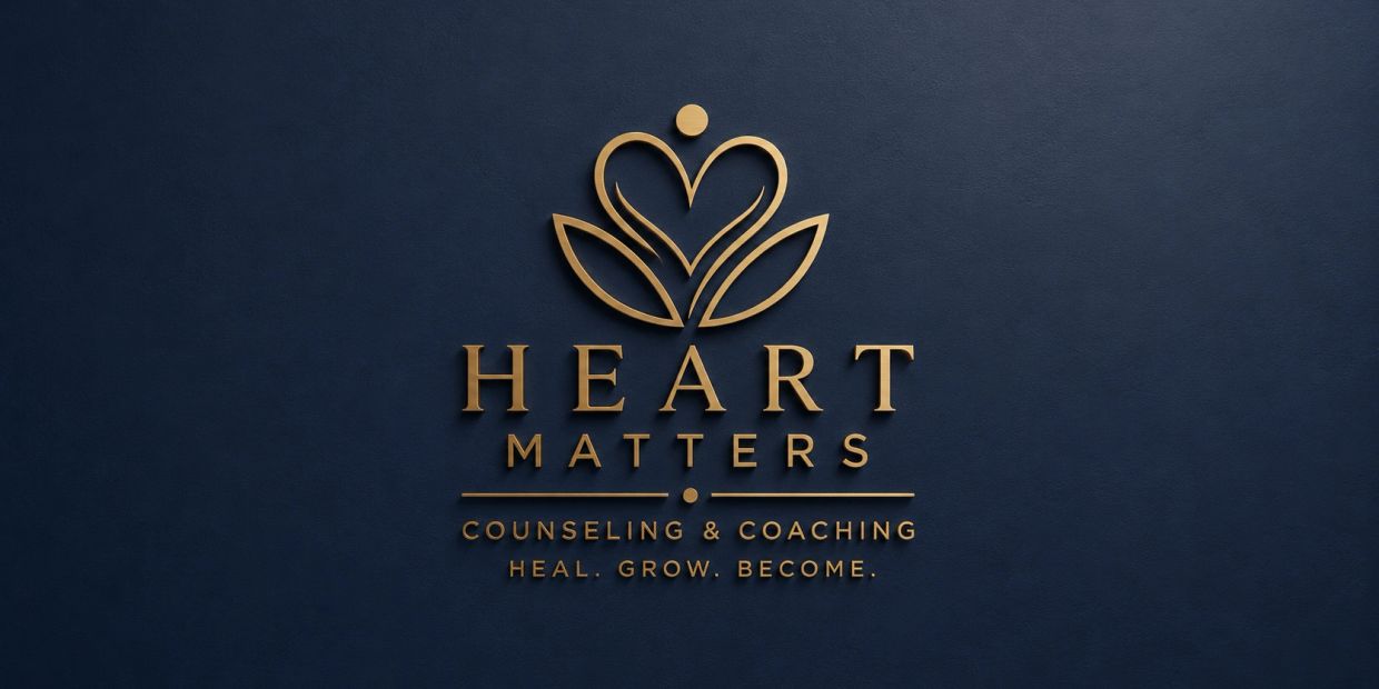 Elegant gold logo for Heart Matters counseling and coaching.