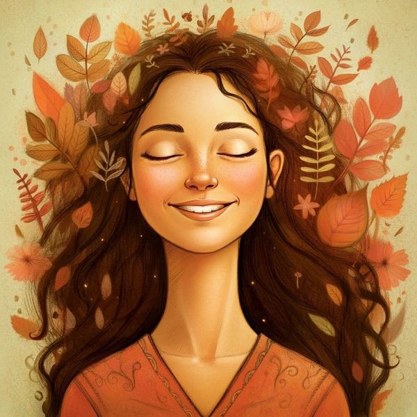 A serene woman surrounded by autumn leaves, smiling with closed eyes.