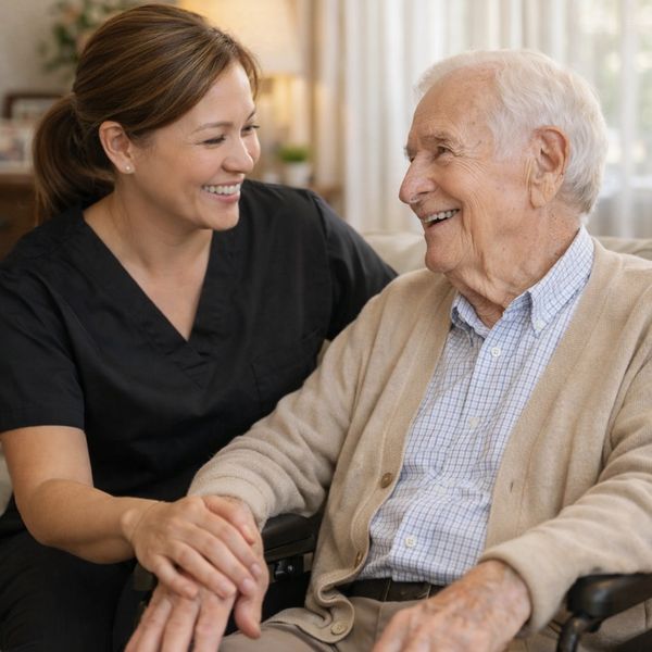 Caregiver warmly holding hands with smiling elderly man in a wheelchair.