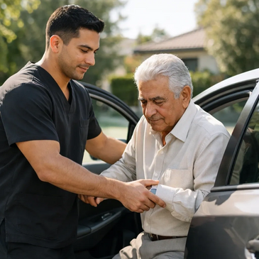 A caregiver helps an elderly man out of a car outside a house.