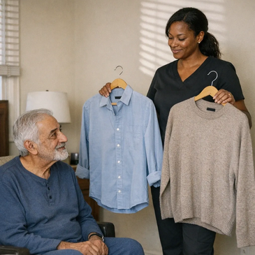 A caregiver shows clothing options to an elderly man in a cozy room.