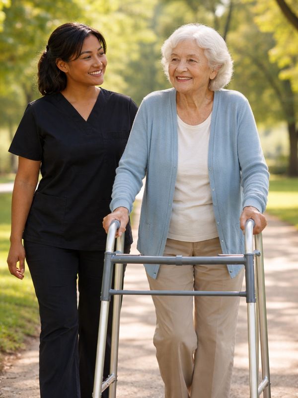 A caregiver assists an elderly woman walking outdoors with a walker.