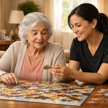An elderly woman and a caregiver smiling while assembling a puzzle together.