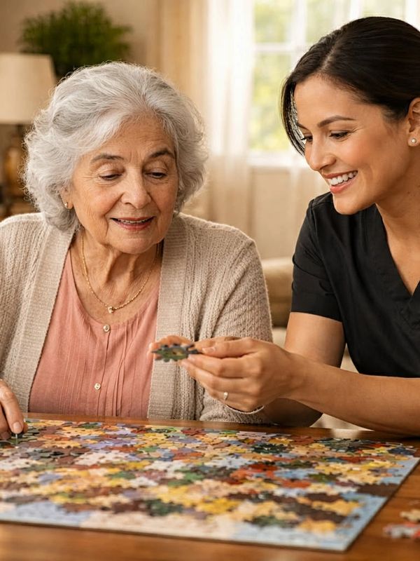 An elderly woman and younger woman happily working on a jigsaw puzzle together.