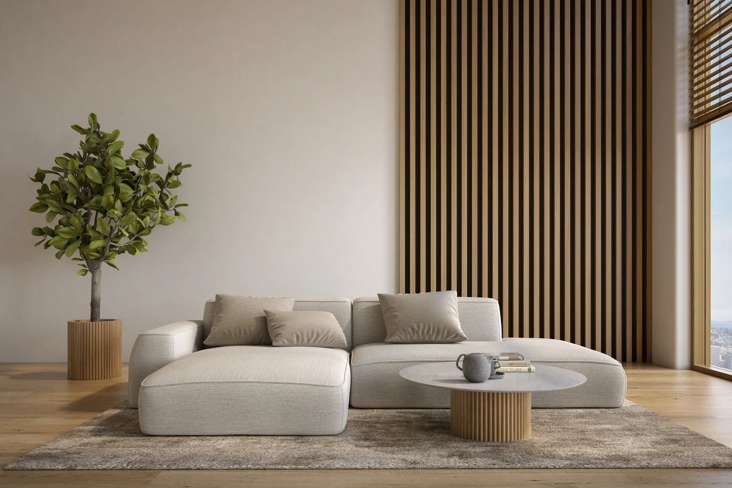 Comedor con sofá tipo chaise lounge, con mesita de té redonda, y pared revestida de palillería 