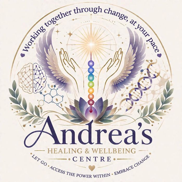 Logo for Andrea's Healing & Wellbeing Centre with spiritual symbols and uplifting text.