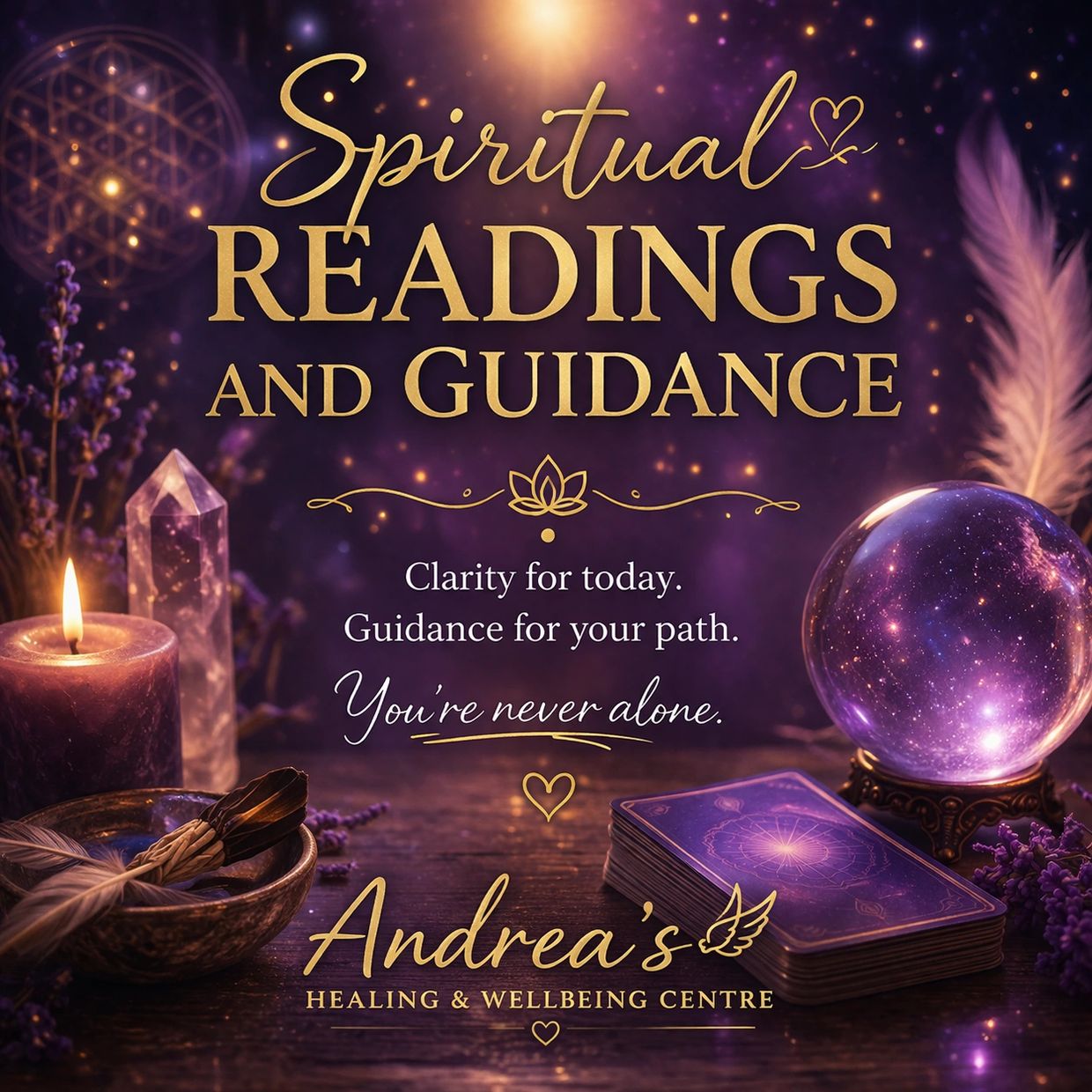 Spiritual readings and guidance with a mystical purple theme and healing elements.