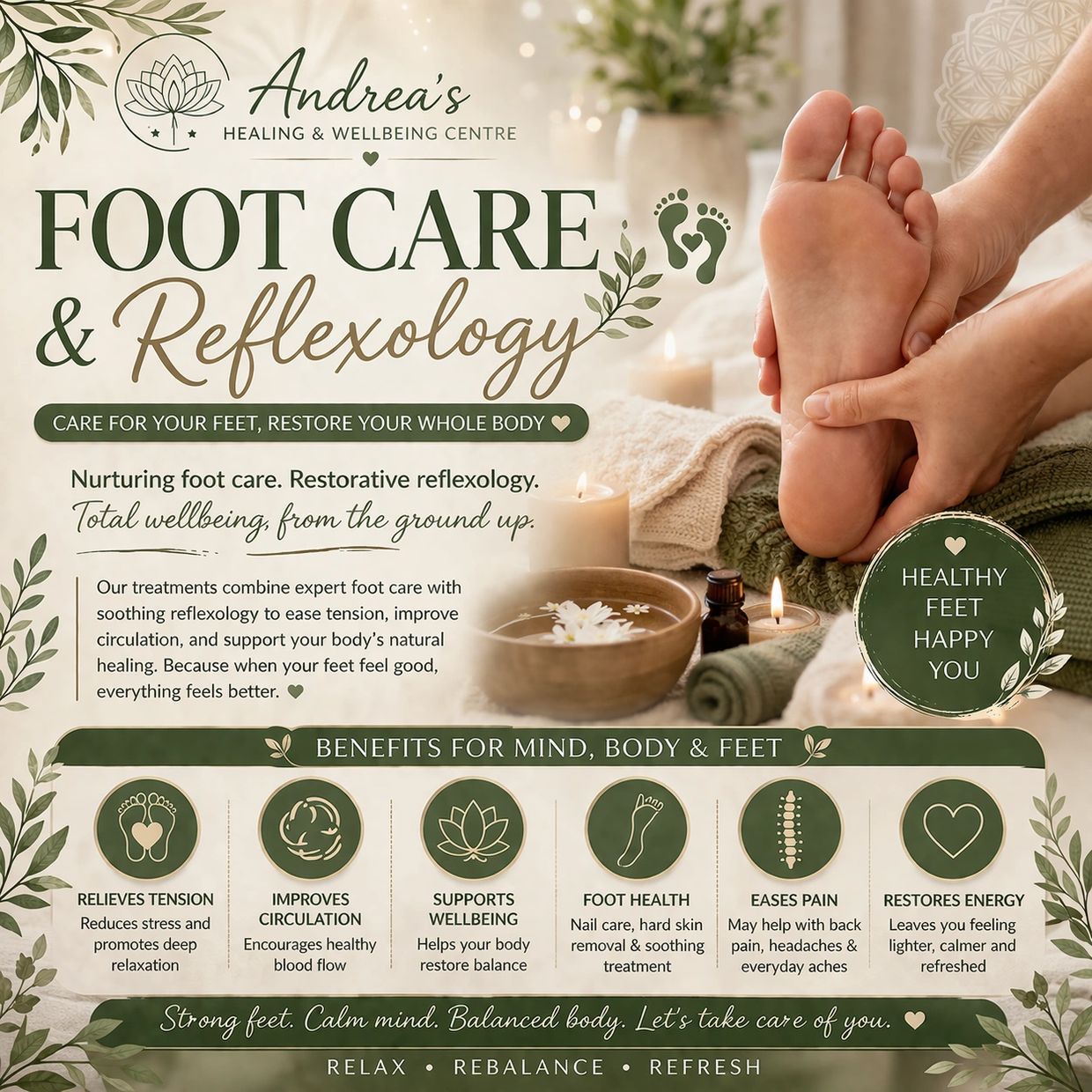 Andrea's Healing & Wellbeing Centre offers expert foot care and reflexology for total wellbeing and relaxation.