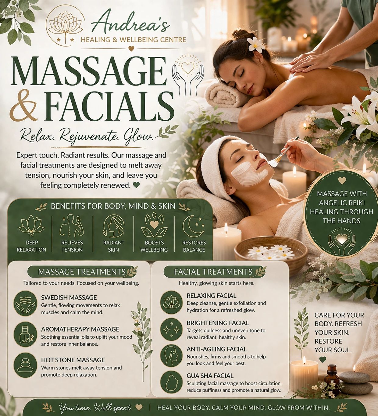 Andrea's Healing & Wellbeing Centre offers massage and facial treatments for deep relaxation and radiant skin.