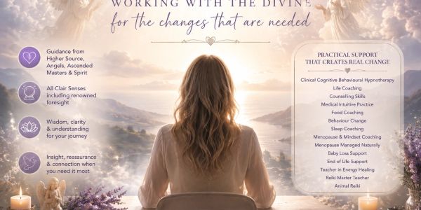 Woman embraced by a divine light with spiritual guidance text.