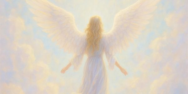 A glowing angel with wings ascending towards bright light in the sky.