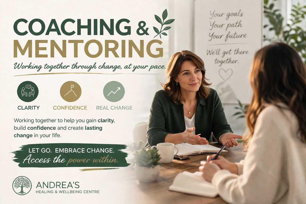 Two women engaged in a coaching session at Andrea's Healing &amp; Wellbeing Centre.