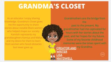 Illustration of a girl in yellow with text about Grandma's Closet and honoring grandmothers.
